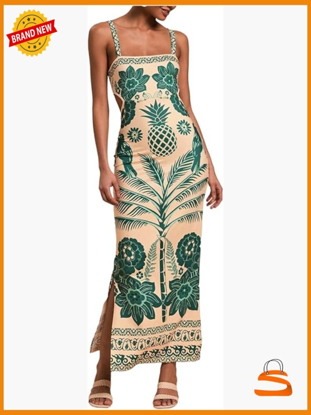 Tropical Print Sleeveless Maxi Dress With Tie Back And Side Split